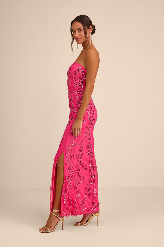 Vannetta Hot Pink Sequin Strapless Maxi Dress