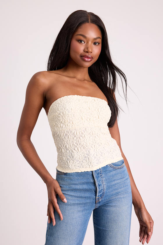 Bellona Cream Jacquard Knit Strapless Crop Top