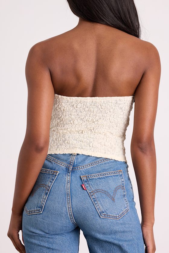 Bellona Cream Jacquard Knit Strapless Crop Top