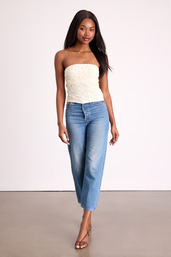 Bellona Cream Jacquard Knit Strapless Crop Top