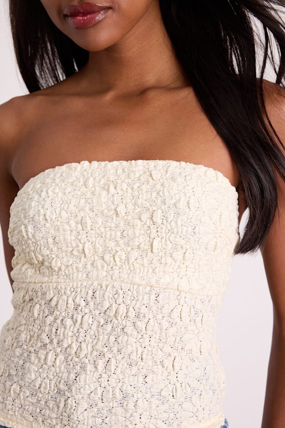 Bellona Cream Jacquard Knit Strapless Crop Top