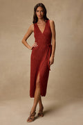 Livia Rust Red Pointelle Knit Wrap Midi Dress