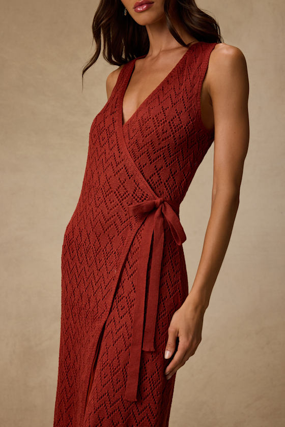Livia Rust Red Pointelle Knit Wrap Midi Dress