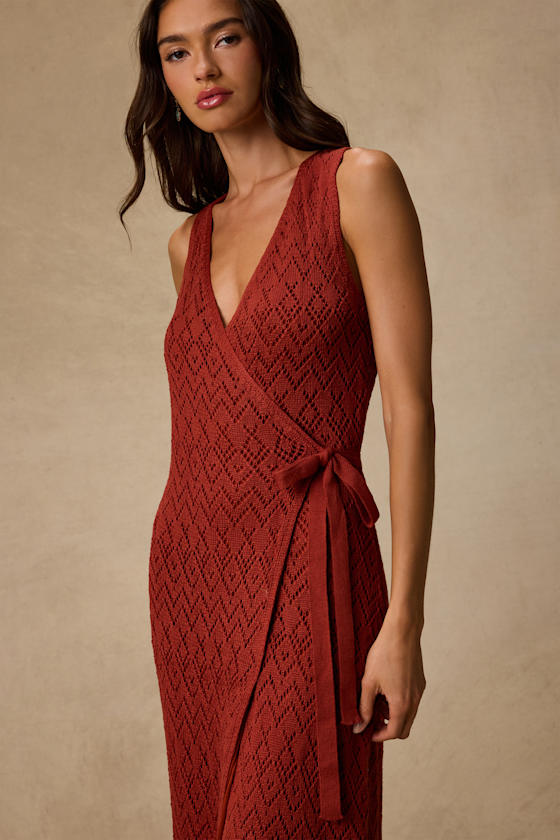 Livia Rust Red Pointelle Knit Wrap Midi Dress