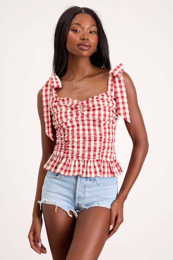 Lobelia Red Gingham Ruched Tie-Strap Top