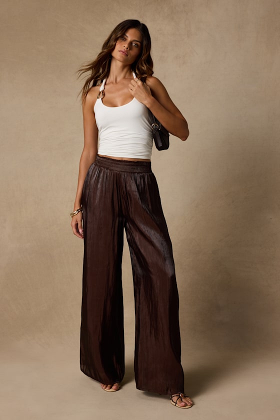 Cynthia Dark Brown Satin Wide-Leg Pants
