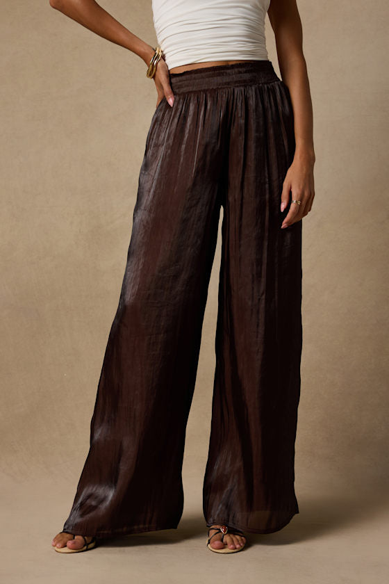 Cynthia Dark Brown Satin Wide-Leg Pants
