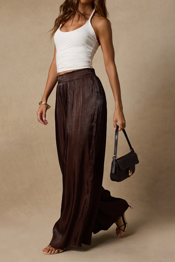 Cynthia Dark Brown Satin Wide-Leg Pants