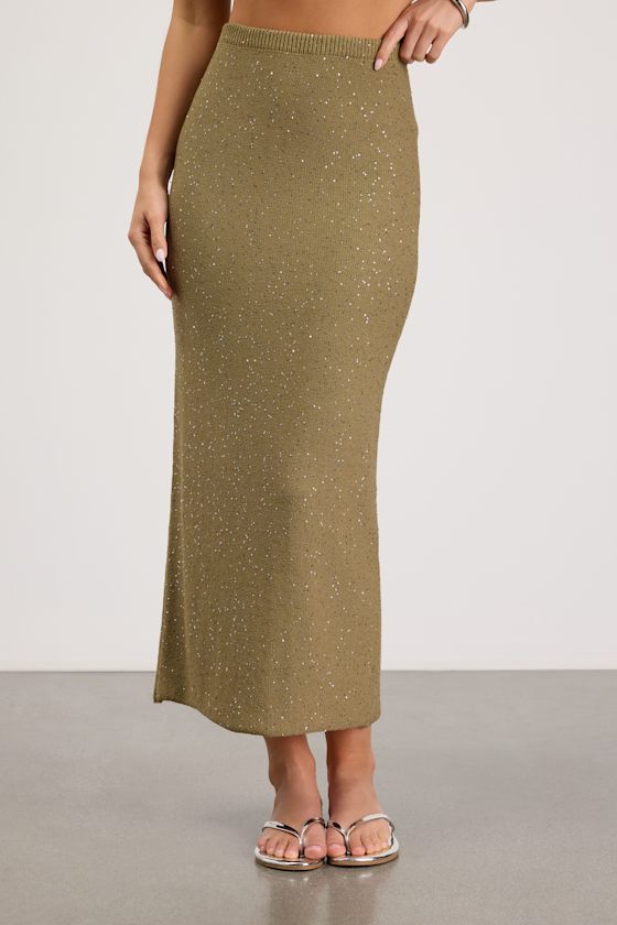 Yamina Olive Green Sequin Sweater Maxi Skirt
