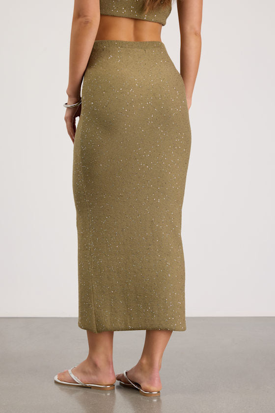 Yamina Olive Green Sequin Sweater Maxi Skirt