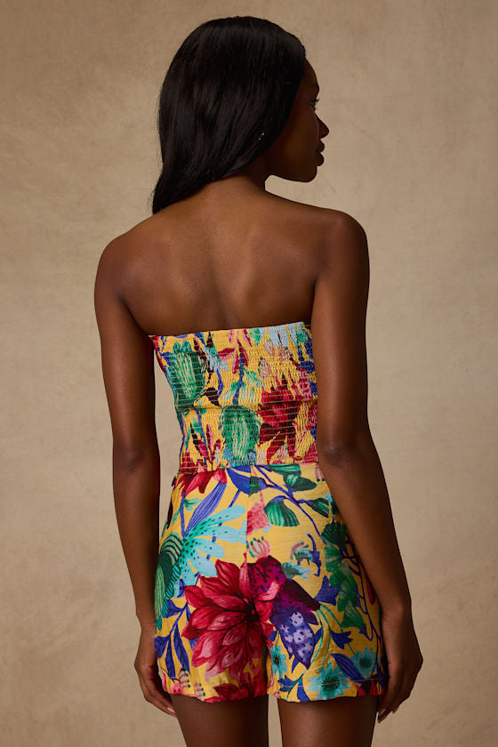 Kysa Yellow Multi Floral Strapless Crop Top