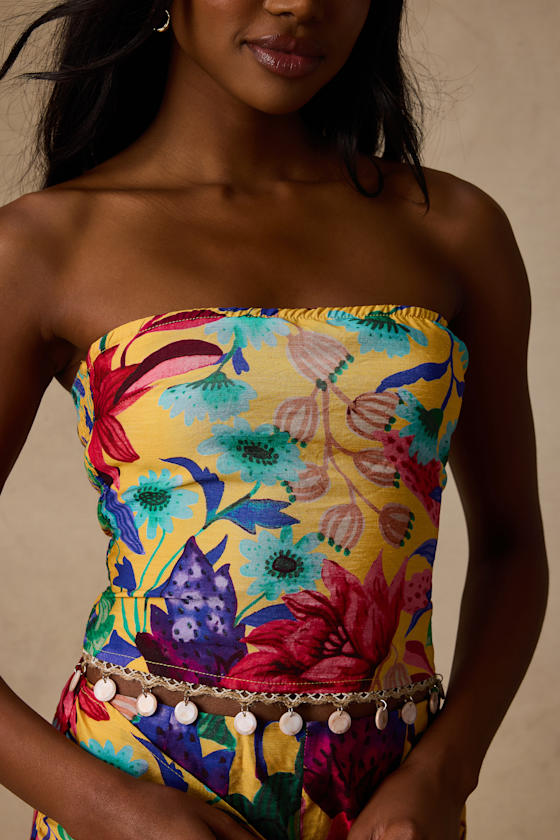 Kysa Yellow Multi Floral Strapless Crop Top
