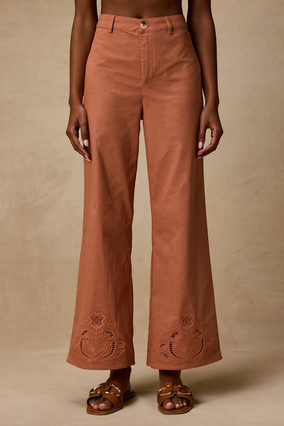 Tristen Terracotta Embroidered Wide-Leg Pants