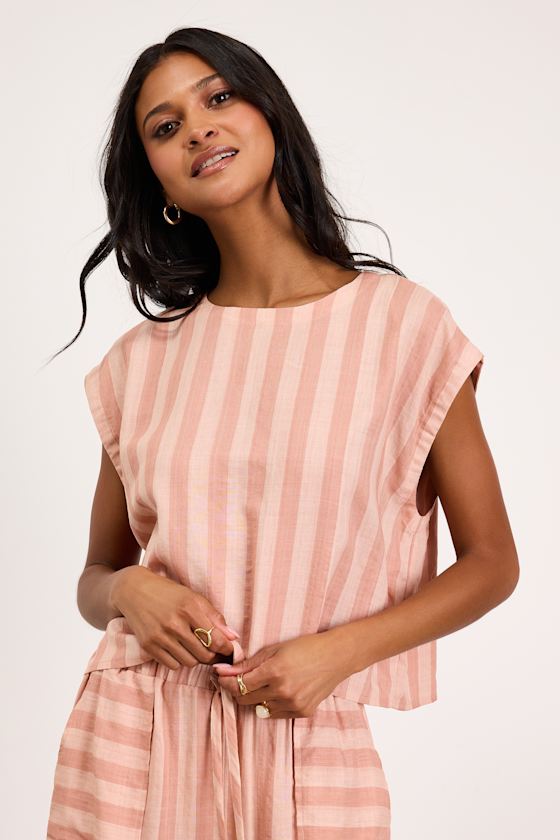Dresa Light Pink Striped Cotton Short Sleeve Top