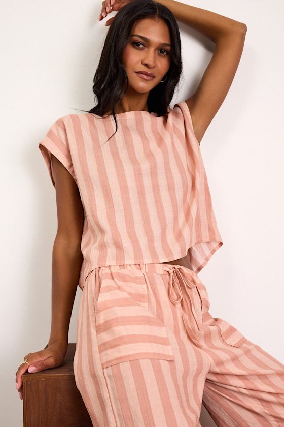 Dresa Light Pink Striped Cotton Short Sleeve Top