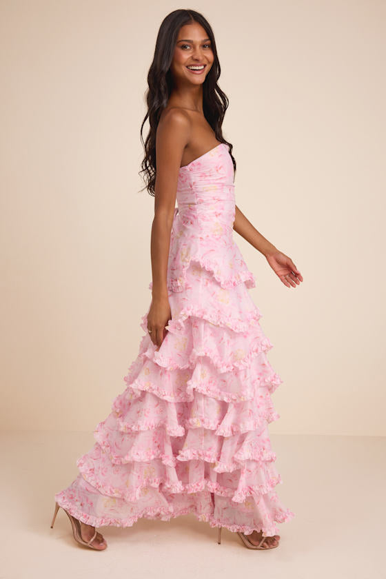 Maleta Light Pink Floral Tiered Maxi Dress