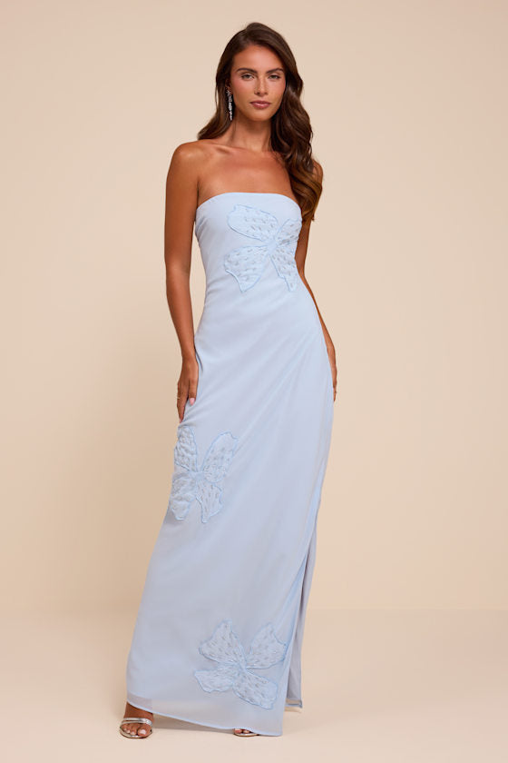 Fianna Light Blue Embroidered Strapless Maxi Dress