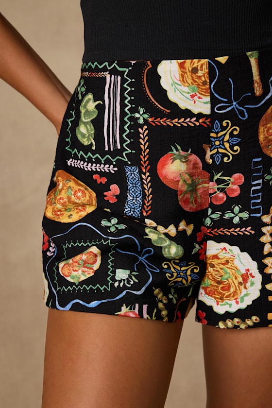 Ciao Bella Black Multi Convo Print Mid-Rise Shorts