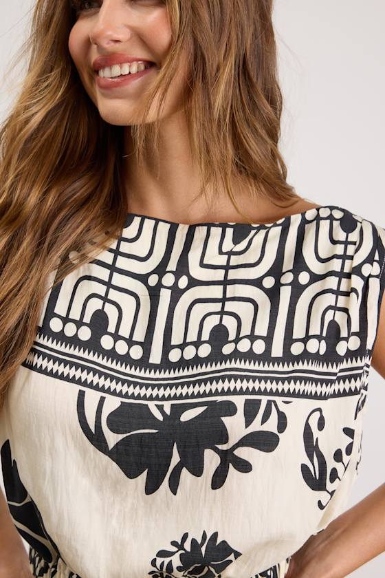 Gaia Ivory and Black Boho Print Top