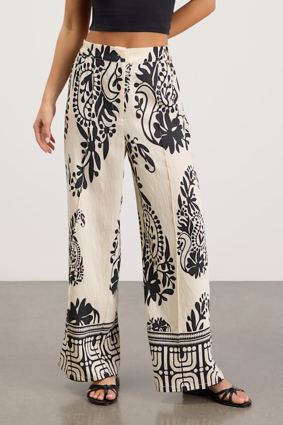 Gaia Ivory and Black Boho Print Wide-Leg Pants