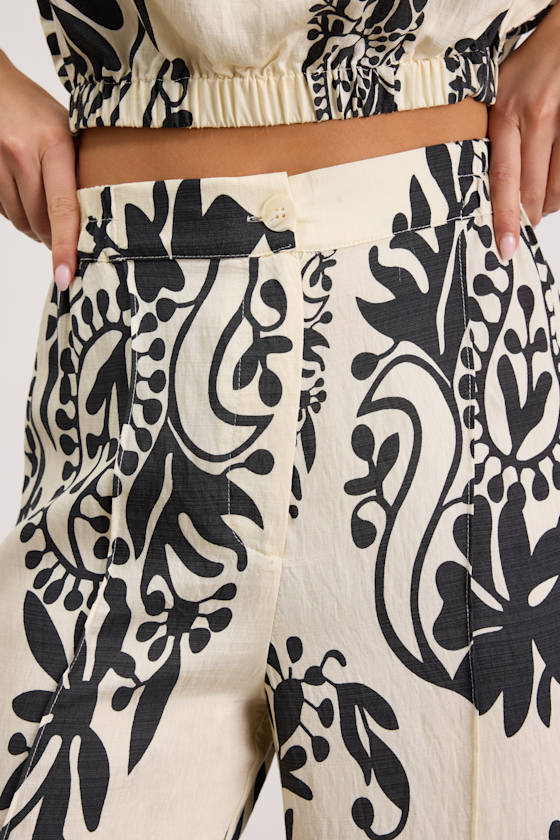 Gaia Ivory and Black Boho Print Wide-Leg Pants