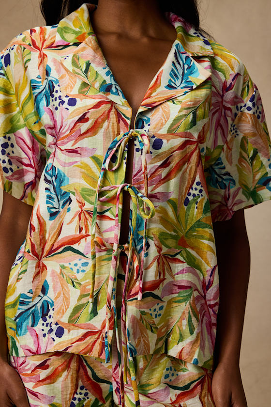 Talise Ivory Multi Tropical Print Tie-Front Collared Top