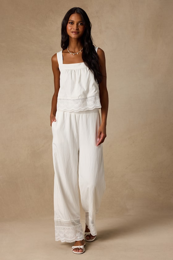Parisa White Cotton Crochet Lace Tank Top