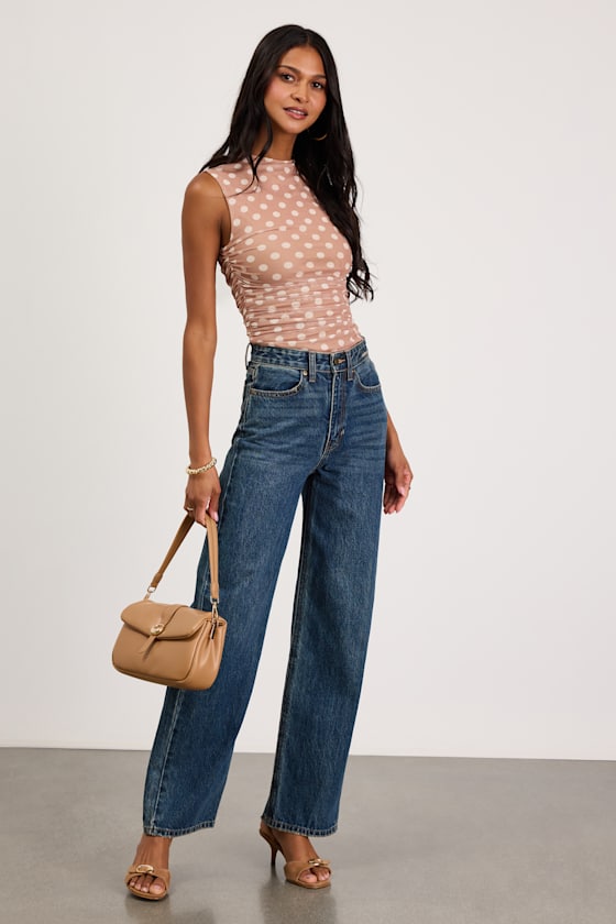 Kinsley Beige Polka Dot Mesh Mock Neck Tank Top
