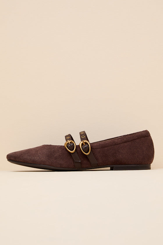 Ardene Mahogany Suede Leather Buckle Ballet Flats