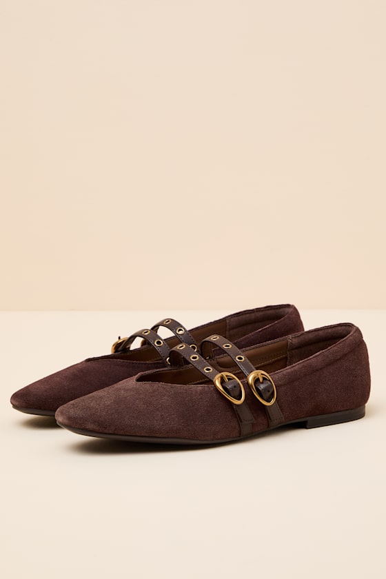Ardene Mahogany Suede Leather Buckle Ballet Flats