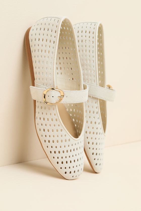 Baylee Cream Perforated Suede Buckle Ballet Flats
