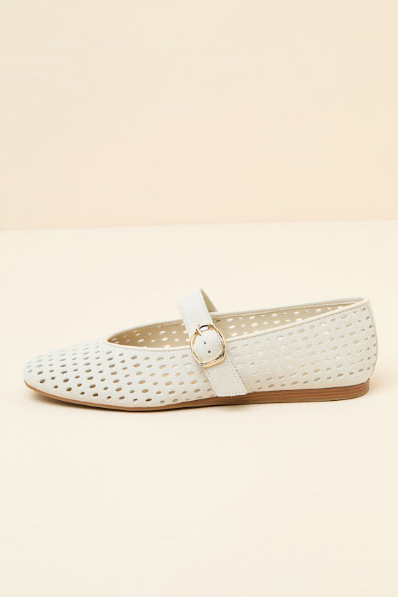 Baylee Cream Perforated Suede Buckle Ballet Flats
