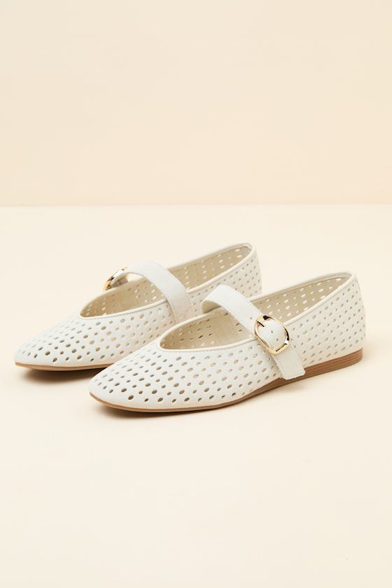 Baylee Cream Perforated Suede Buckle Ballet Flats