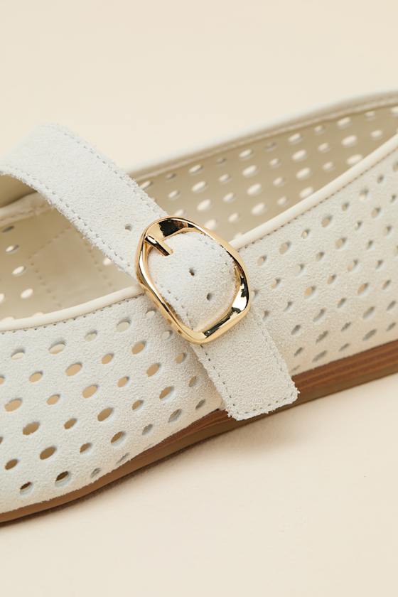 Baylee Cream Perforated Suede Buckle Ballet Flats