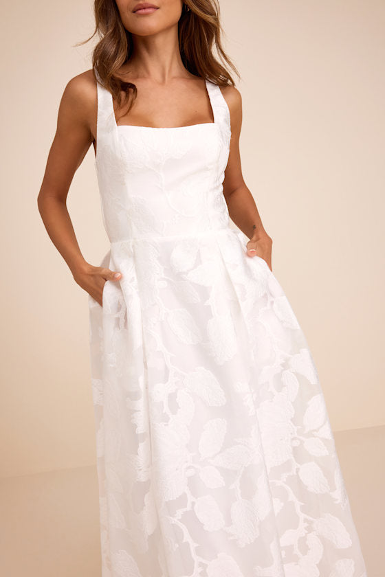 Perfected Aura White Jacquard Tie-Back Maxi Dress with Pockets