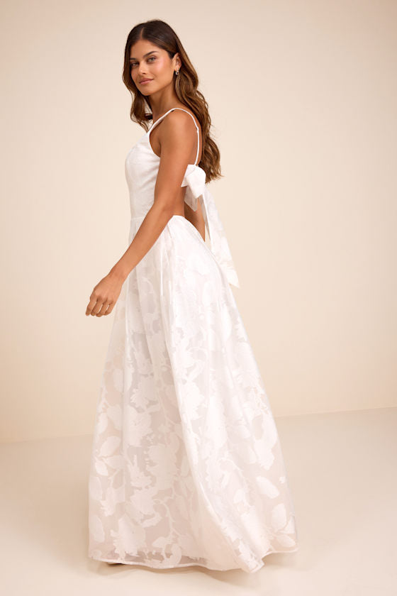 Perfected Aura White Jacquard Tie-Back Maxi Dress with Pockets