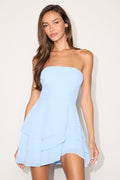 Suvi Light Blue Strapless Tiered Asymmetrical Mini Dress