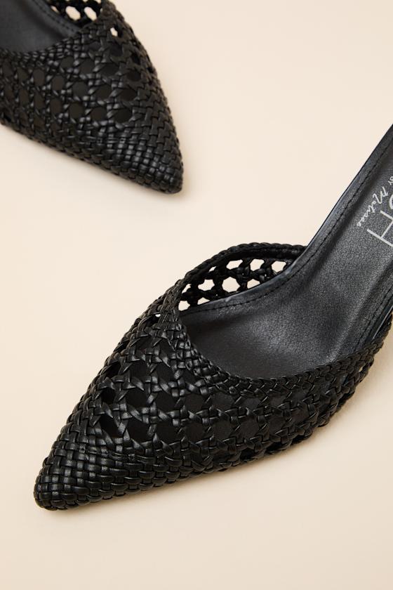 Tia Black Woven Pointed-Toe Mule Pumps