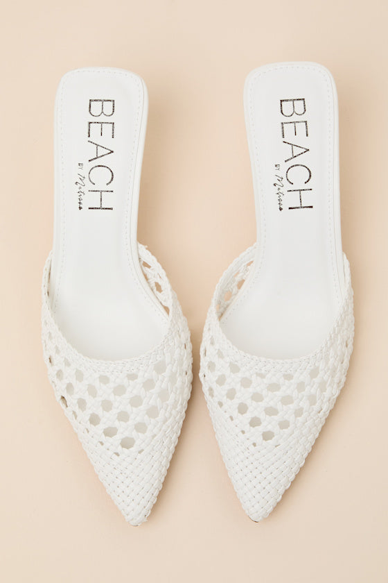 Tia White Woven Pointed-Toe Mule Pumps
