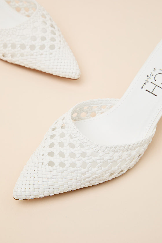 Tia White Woven Pointed-Toe Mule Pumps