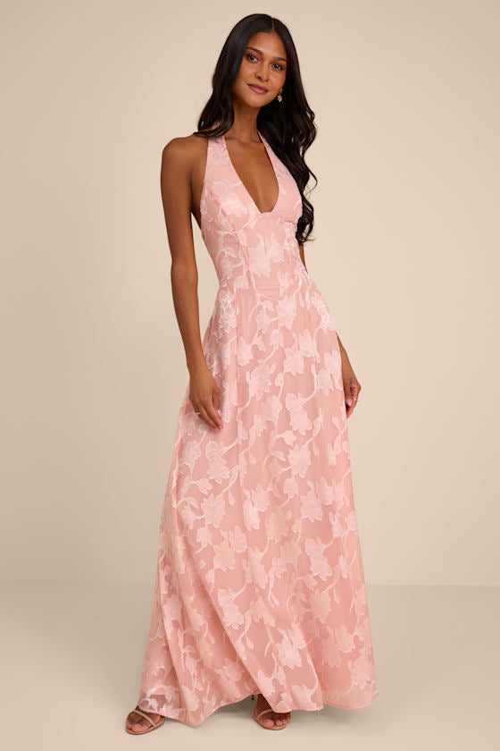Maira Blush Pink Floral Burnout Halter Maxi Dress