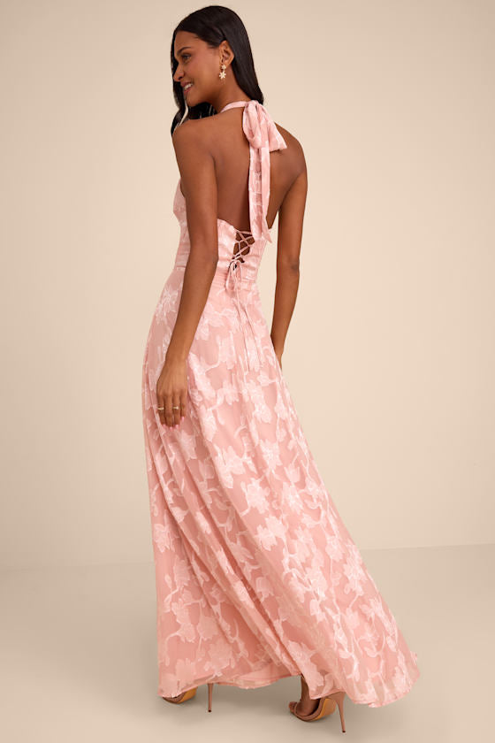 Maira Blush Pink Floral Burnout Halter Maxi Dress