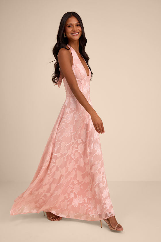 Maira Blush Pink Floral Burnout Halter Maxi Dress