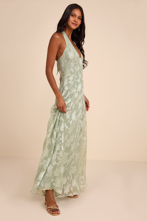 Maira Sage Floral Burnout Halter Maxi Dress
