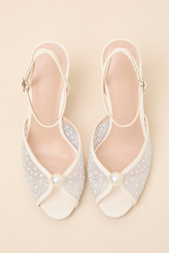 Pixie Ivory Rhinestone Ankle Strap Peep-Toe Heels