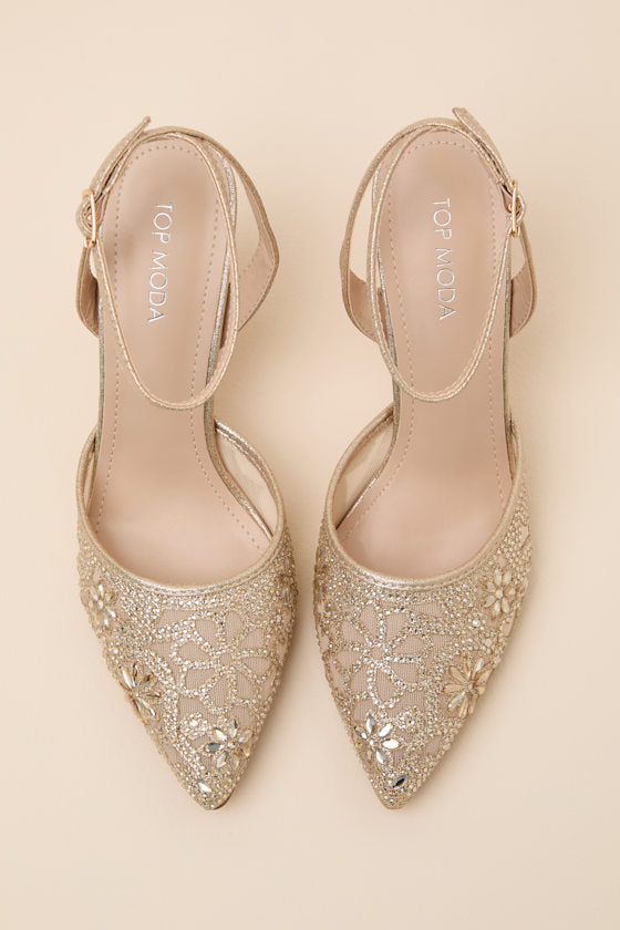 Fierria Champagne Rhinestone Pointed-Toe Ankle Strap Pumps