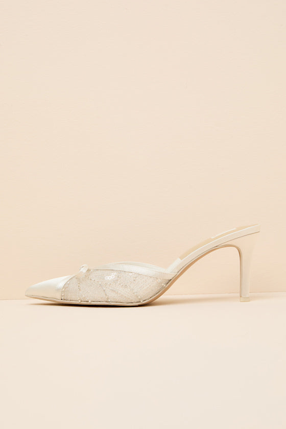 Emit Soft White Beaded Pointed-Toe Mule Pumps