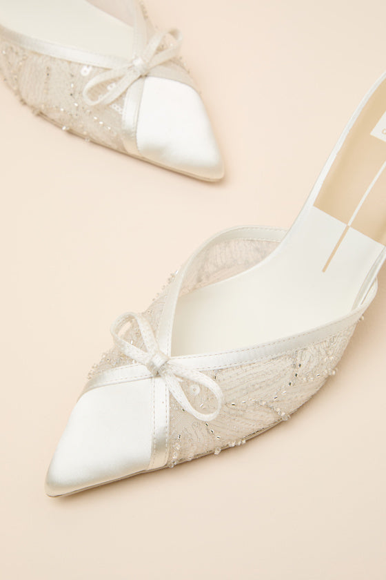 Emit Soft White Beaded Pointed-Toe Mule Pumps