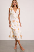 Malta White Multi Print Tie-Strap Midi Dress