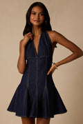 Keira Dark Wash Denim Halter Mini Dress